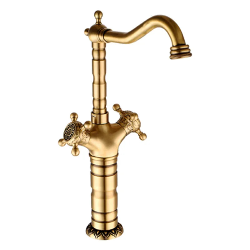 AurelioForge Vintage Etch Brass Faucet – Luxury Engraved Antique Single-Handle Bathroom & Kitchen Sink faucet (Hot & Cold)