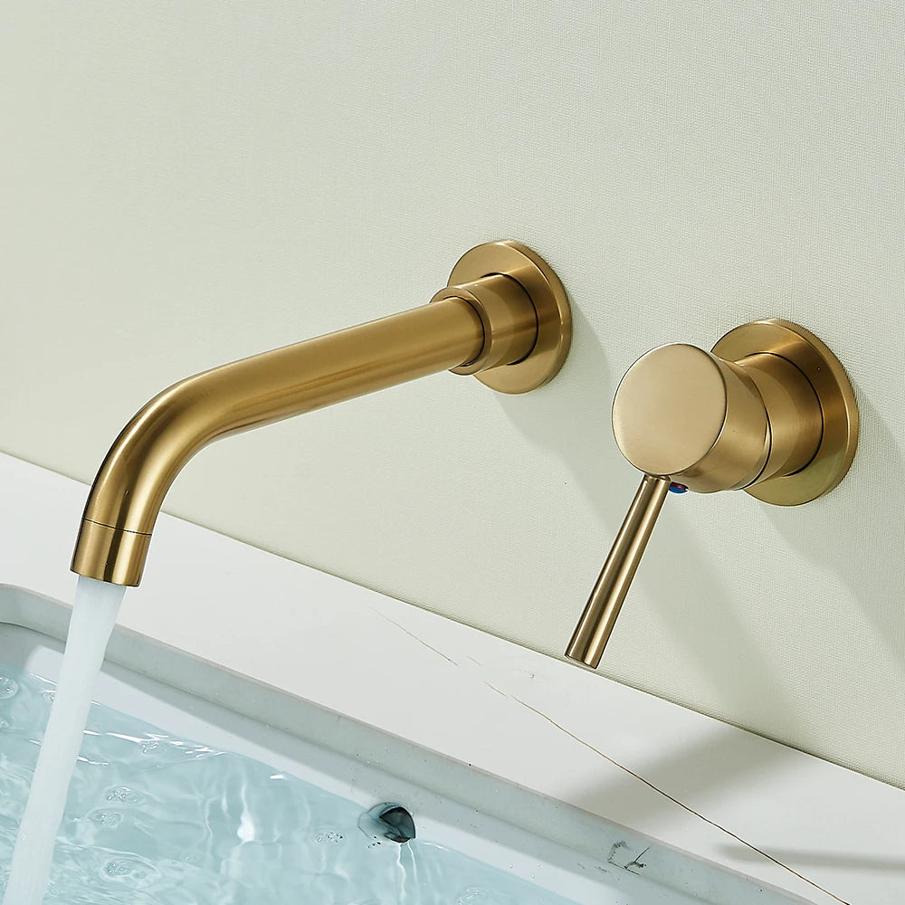 Quyanre Wall Mounted Basin Faucet Brushed Gold – Concealed faucet | 360° Rotating Spout | Single Handle Bathroom Fixture
