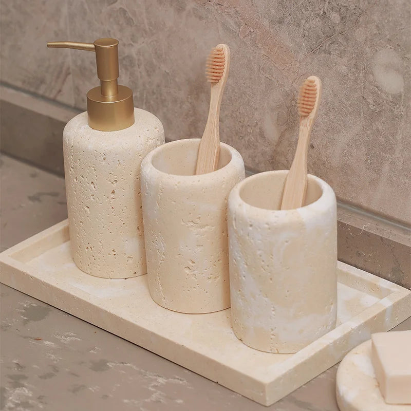 Travella Travertine Bathroom Set – Luxury Stone Soap Dispenser & Bathroom Organizer