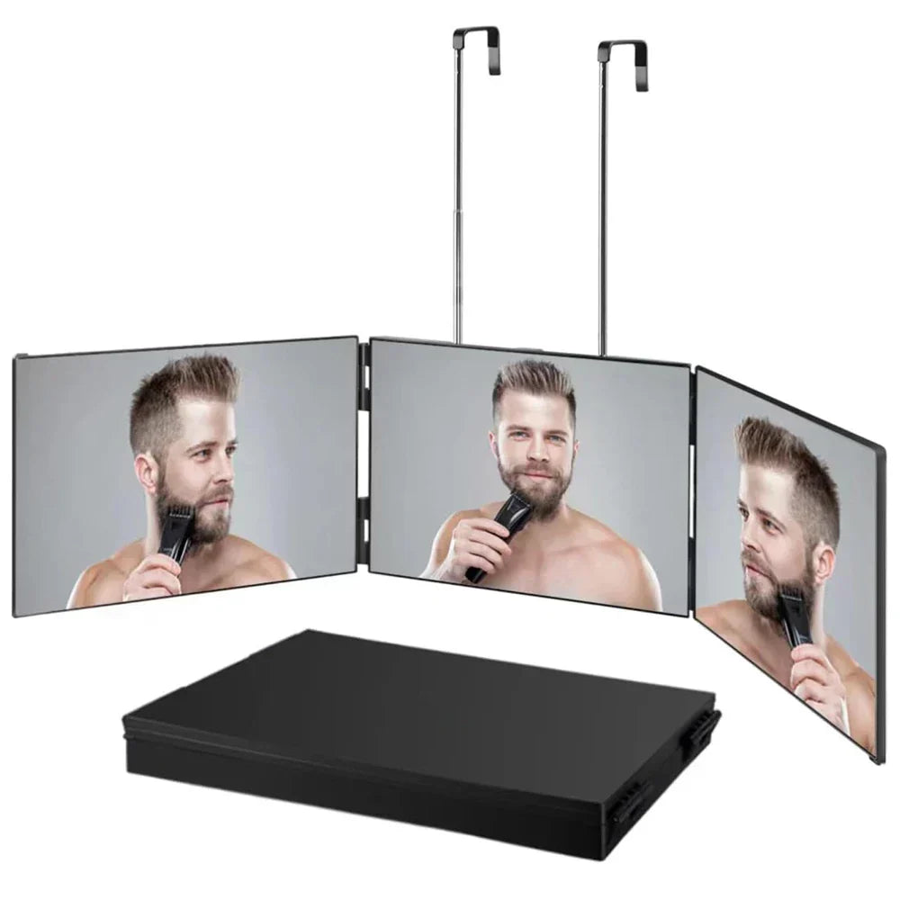 GlamFold 360 – Portable 3-Panel Makeup Mirror with Adjustable Telescopic Hook