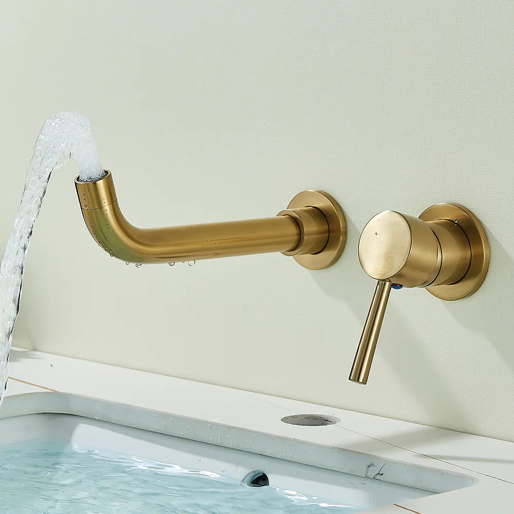 Quyanre Wall Mounted Basin Faucet Brushed Gold – Concealed faucet | 360° Rotating Spout | Single Handle Bathroom Fixture