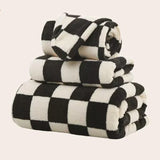CheckMate Black & White Plaid Towel Set – 100% Polyester Coral Fleece
