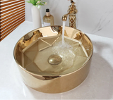 Aurielle Royale Hand-Painted Ceramic Vessel Sink Set with Gold Faucet – Round Luxury Countertop Basin + Pop-Up Drain