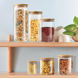 Modern Glass Food Storage Jar Set with Wooden Lids – Airtight Kitchen Containers | Freshness Seal | Multi-Grain Storage