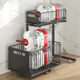 2-Tier Pull Out Kitchen Storage Basket Carbon Steel – Adjustable Under Sink Organizer | Sliding Drawer Rack | Space Saving Design