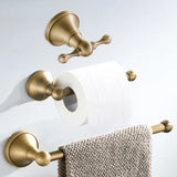 BronzeHaven Vintage Wall-Mounted Bathroom Hardware Set – 3-Piece Antique Brass Collection (Toilet Paper Holder, Towel Ring & Robe Hook)