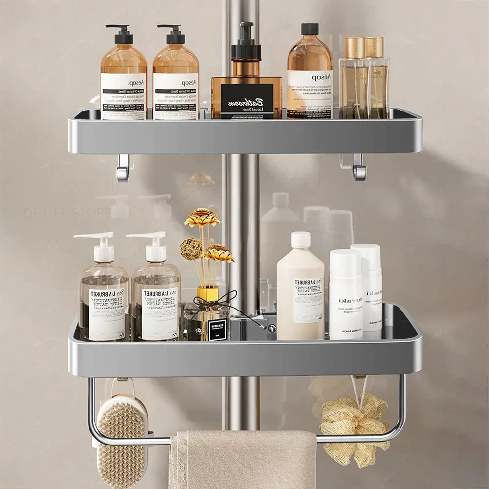 Drill-Free Aluminum Shower Caddy Shelf with Towel Bar – Double Layer Bathroom Organizer | Rustproof | Strong Adhesive Mount