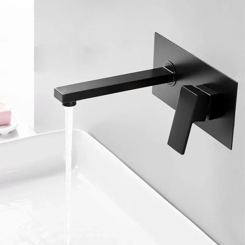 Matte Black Wall Mounted Brass Basin Faucet – Mirror Finish Square Sink faucet | Hot & Cold | Modern Luxury Design