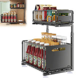 2-Tier Pull Out Kitchen Storage Basket Carbon Steel – Adjustable Under Sink Organizer | Sliding Drawer Rack | Space Saving Design