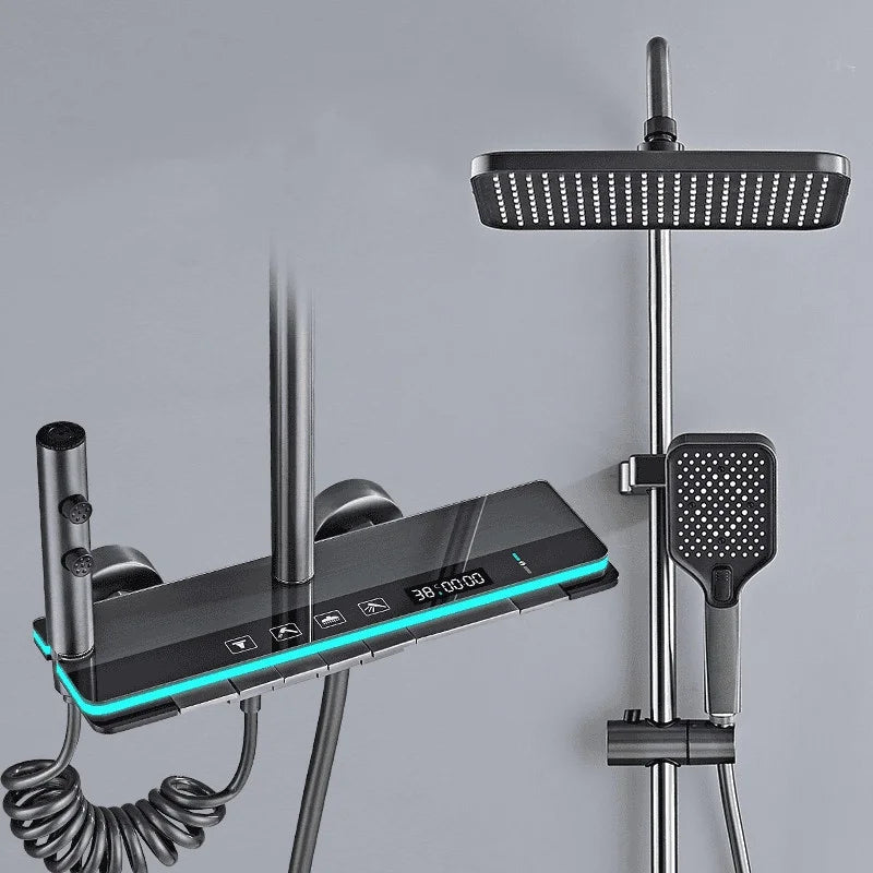 Modern Shower System with Temperature Display and Ambient Lighting – Adjustable Stainless Steel Bathroom Set