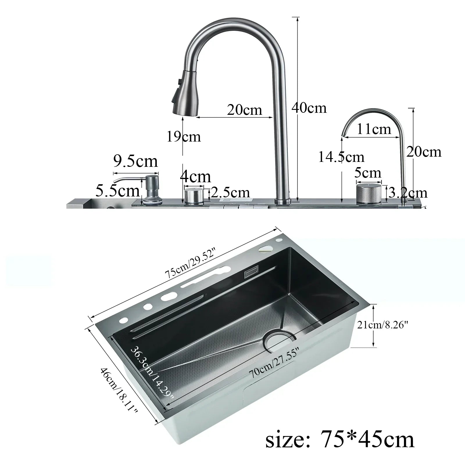 LuxSteel Digital Kitchen Sink – 29.5 × 17.7 in | Gun Grey | Wall-Mount | Waterfall Drain & Soap Dispenser
