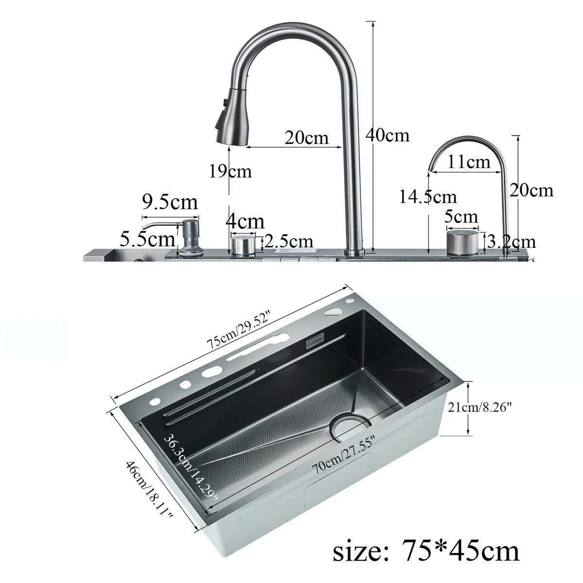 LuxSteel Digital Kitchen Sink – 29.5 × 17.7 in | Gun Grey | Wall-Mount | Waterfall Drain & Soap Dispenser
