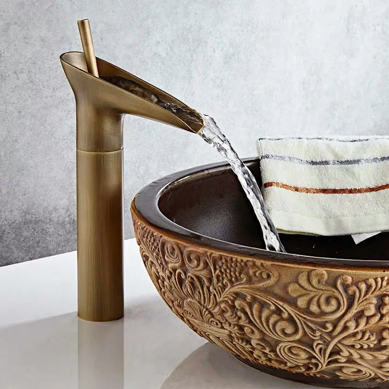 CascadeÉlan Luxury Waterfall Bathroom Faucet – Single Handle Antique Basin faucet with Hot & Cold Control