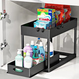 Under Sink Sliding Organizer Rack Premium – Pull Out Cabinet Basket with Hooks | Space Saving Storage | Kitchen & Bathroom Organizer