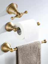 BronzeHaven Vintage Wall-Mounted Bathroom Hardware Set – 3-Piece Antique Brass Collection (Toilet Paper Holder, Towel Ring & Robe Hook)