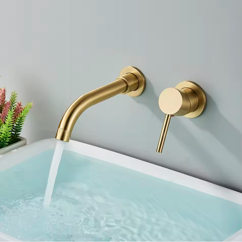Elegant Wall-Mounted Gold Brass Bathroom Faucet with Concealed Design