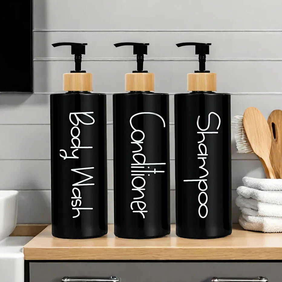 EcoStyle Bamboo Luxe Refillable Soap Dispenser Set – 3-Piece Modern Pump Bottles for Shampoo, Body Wash & Hand Soap