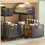 2-Tier Pull Out Kitchen Storage Basket Carbon Steel – Adjustable Under Sink Organizer | Sliding Drawer Rack | Space Saving Design