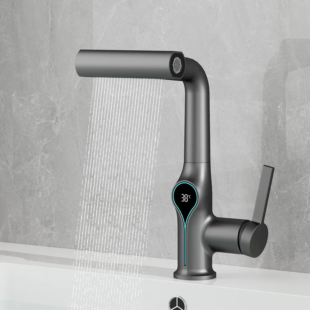 Digital Temperature Display Waterfall Bathroom Sink Faucet with Adjustable Spout faucet