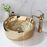 Aurielle Royale Hand-Painted Ceramic Vessel Sink Set with Gold Faucet – Round Luxury Countertop Basin + Pop-Up Drain