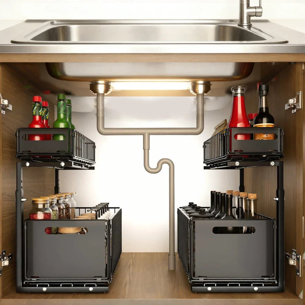 2 Tier Pull Out Cabinet Organizer Premium – Adjustable Under Sink Storage Rack | Sliding Drawer Basket | Spice Jar Storage Solution