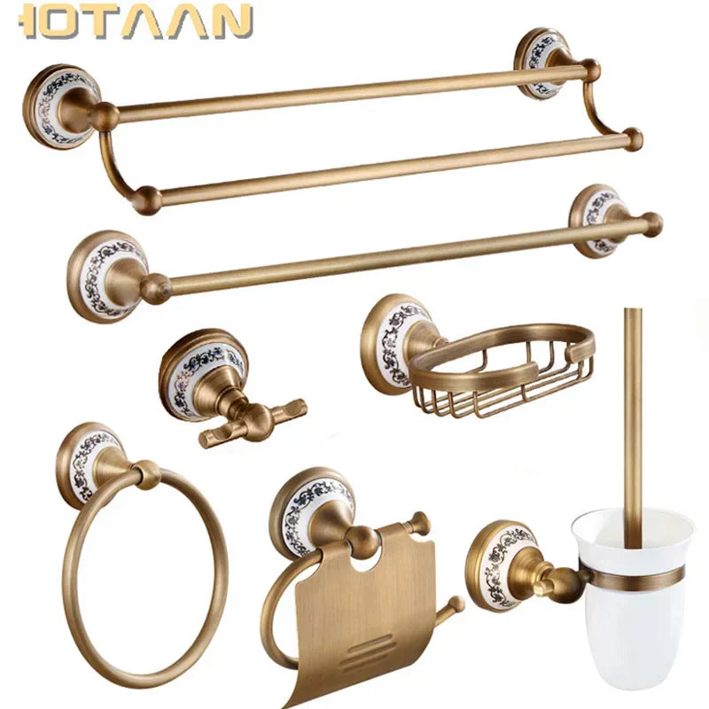 RoyalRetro Antique Brass Bathroom Accessory Set with Ceramic – 5-Piece Vintage Bathroom Collection