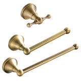 BronzeHaven Vintage Wall-Mounted Bathroom Hardware Set – 3-Piece Antique Brass Collection (Toilet Paper Holder, Towel Ring & Robe Hook)