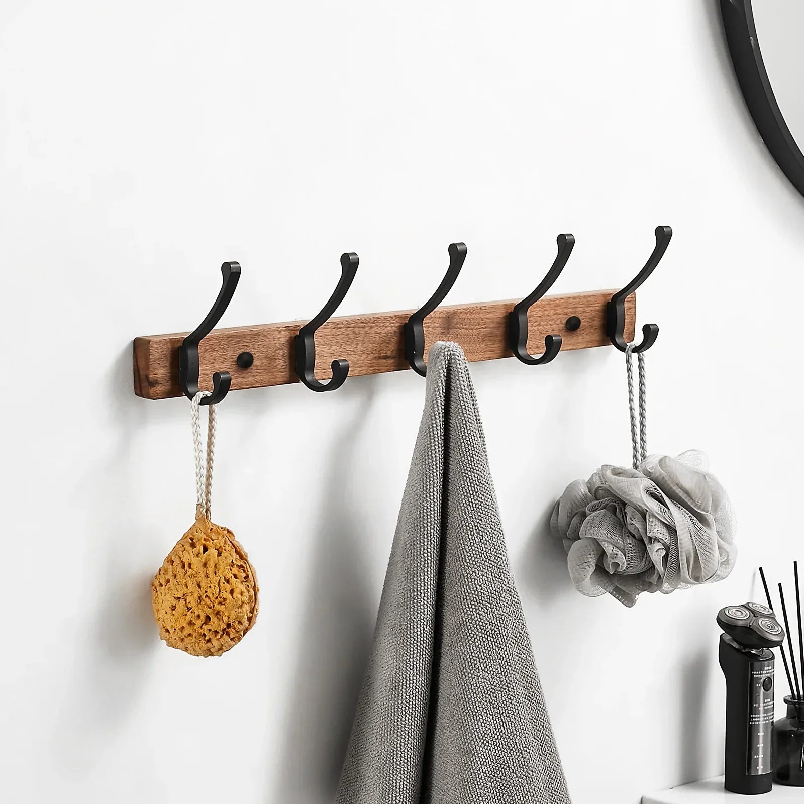 SARIHOSY Black Wooden Wall Rack Modern Wall Hooks for Bathroom, Kitchen, Bedroom & Hallway
