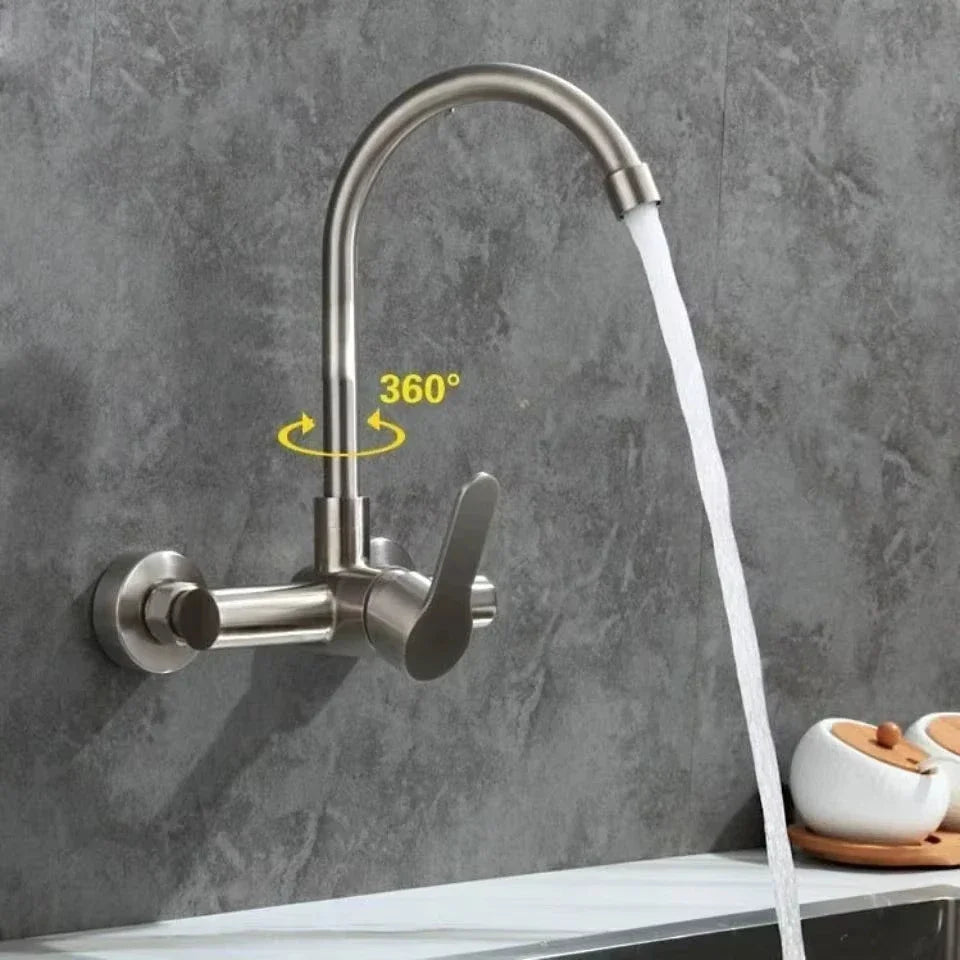 Wall Mounted Stainless Steel Kitchen Faucet with Flexible 360° Swivel Spout and Hot Cold faucet
