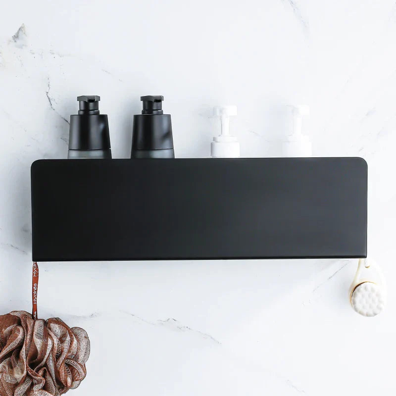 Matte Black Aluminum Wall Shelf Organizer with Hooks – Bathroom Storage Rack | Space Saving | Rustproof Design