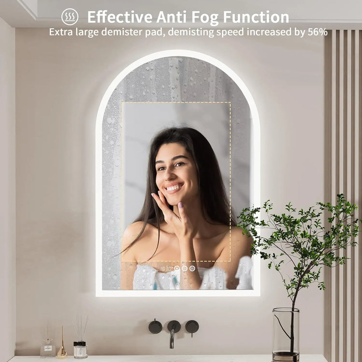 GlowArc SmartView LED Bathroom Mirror – Frameless Oval Lighted Vanity Mirror with Clock, Anti-Fog & Touch Dimming