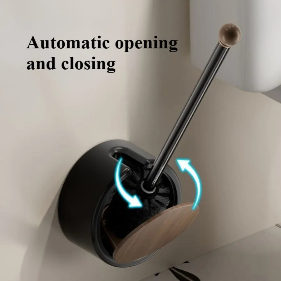 PureClean WallBrush – No-Drill Wall-Mounted Toilet Brush with Long Handle & Wood Finish