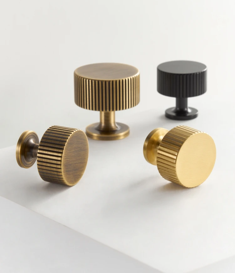 Nurlin Solid Brass Furniture Knobs – Art Deco Line Design in Gold, Silver, Bronze & Black