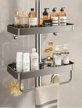 Drill-Free Aluminum Shower Caddy Shelf with Towel Bar – Double Layer Bathroom Organizer | Rustproof | Strong Adhesive Mount