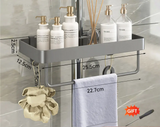 Drill-Free Aluminum Shower Caddy Shelf with Towel Bar – Double Layer Bathroom Organizer | Rustproof | Strong Adhesive Mount