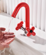 AUREVO Dual-Handle Washbasin Faucet – Luxury Rotatable Brass Mixer (Red/Green, Chrome Finish)