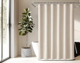 LuxeLinen SpaWeave Waterproof Shower Curtain – Thick Linen-Look Fabric, Hotel-Style Privacy, Beige + Metal Hooks Included