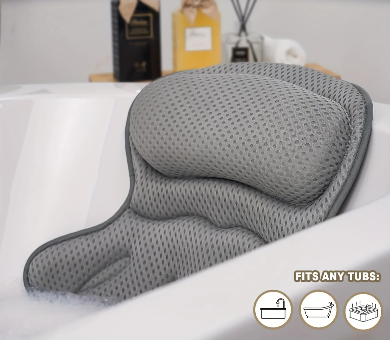 AquaComfort Luxury Bath Pillow – 3D Air Mesh | Neck & Back Support, Suction Cups, Machine Washable