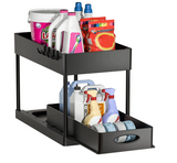 Under Sink Sliding Organizer Rack Premium – Pull Out Cabinet Basket with Hooks | Space Saving Storage | Kitchen & Bathroom Organizer